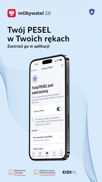 Zdjęcie zastrzeżenia nr  PESEL oraz chronienia swoich danych w aplikacji w mObywatel 2.0